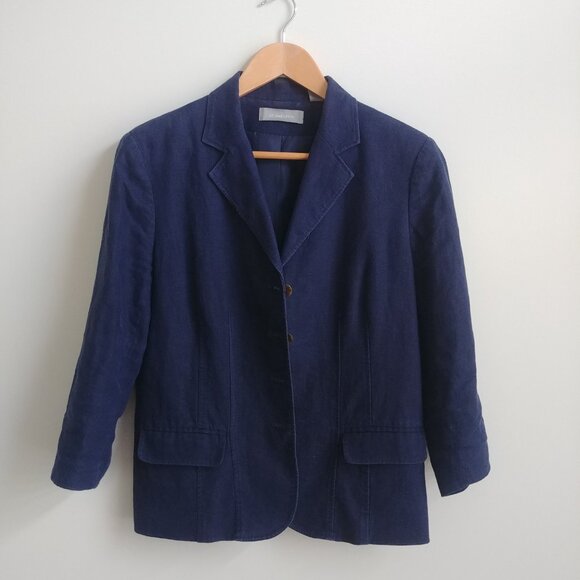Liz Claiborne 100% linen lined blue blazer jacket 10 cropped bracelet sleeve - Picture 2 of 16